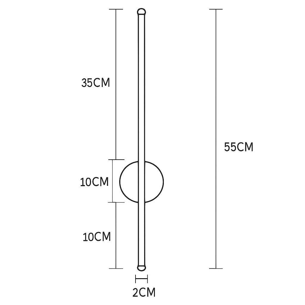 Applique murale LED noire aluminium, cercle central, repères 35 cm et 10 cm.