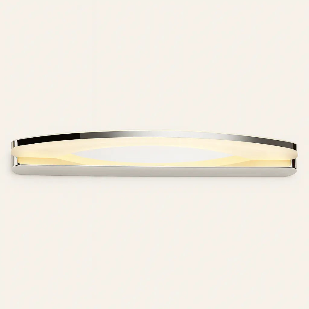 Luminaire mural LED design, chrome et acrylique, style moderne et éclairage doux.