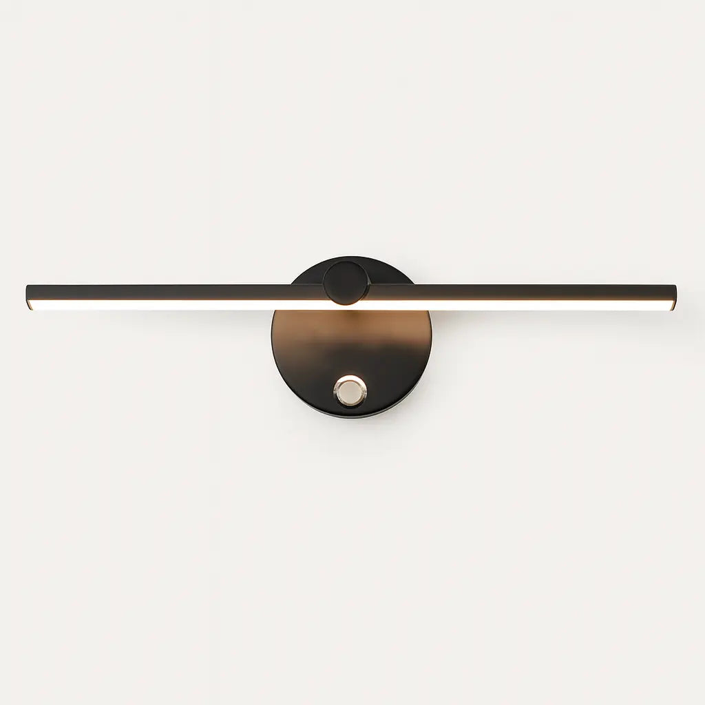 Luminaire mural LED noir, barre horizontale et base ronde, design moderne aluminium.