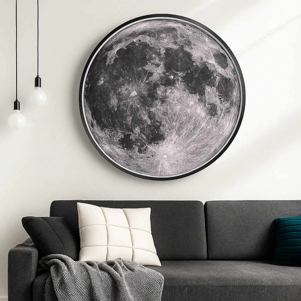 Grand luminaire mural LED circulaire effet Lune, accompagné de deux suspensions lumineuses modernes.