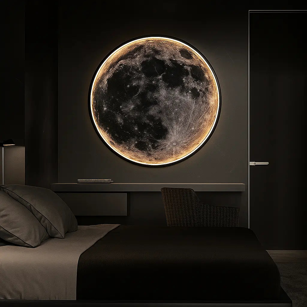 Applique murale ronde LED Lune en métal 3D, lumière réglable, effet céleste moderne.