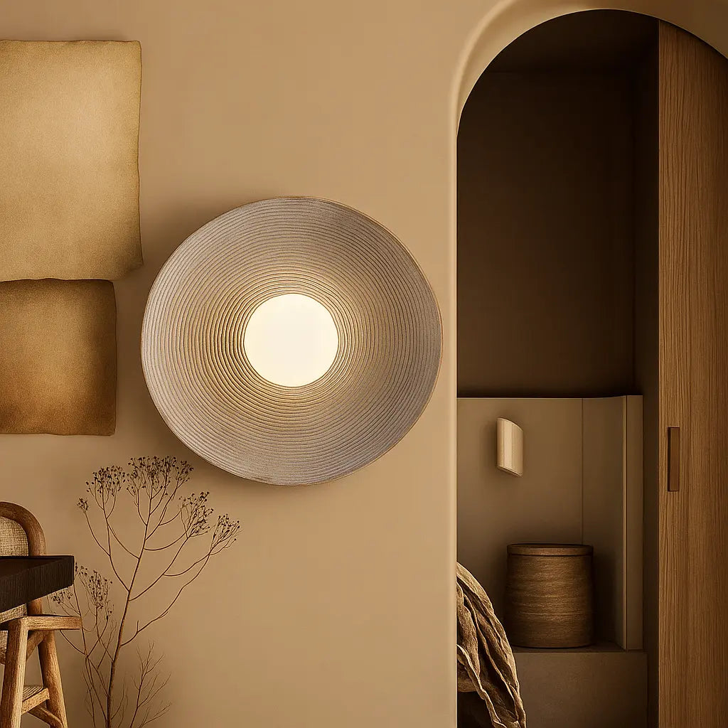 LUMINAIRE MAISON applique murale ronde LED en résine ondulée pour une lumière apaisante.