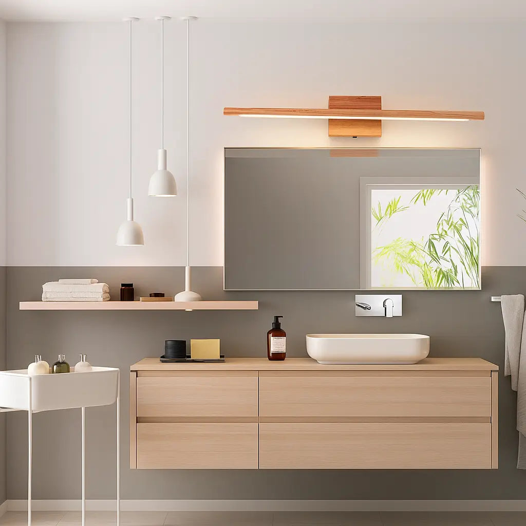 LUMINAIRE MAISON applique LED bois orientée vers le bas, moderne et élégante au-dessus du miroir.