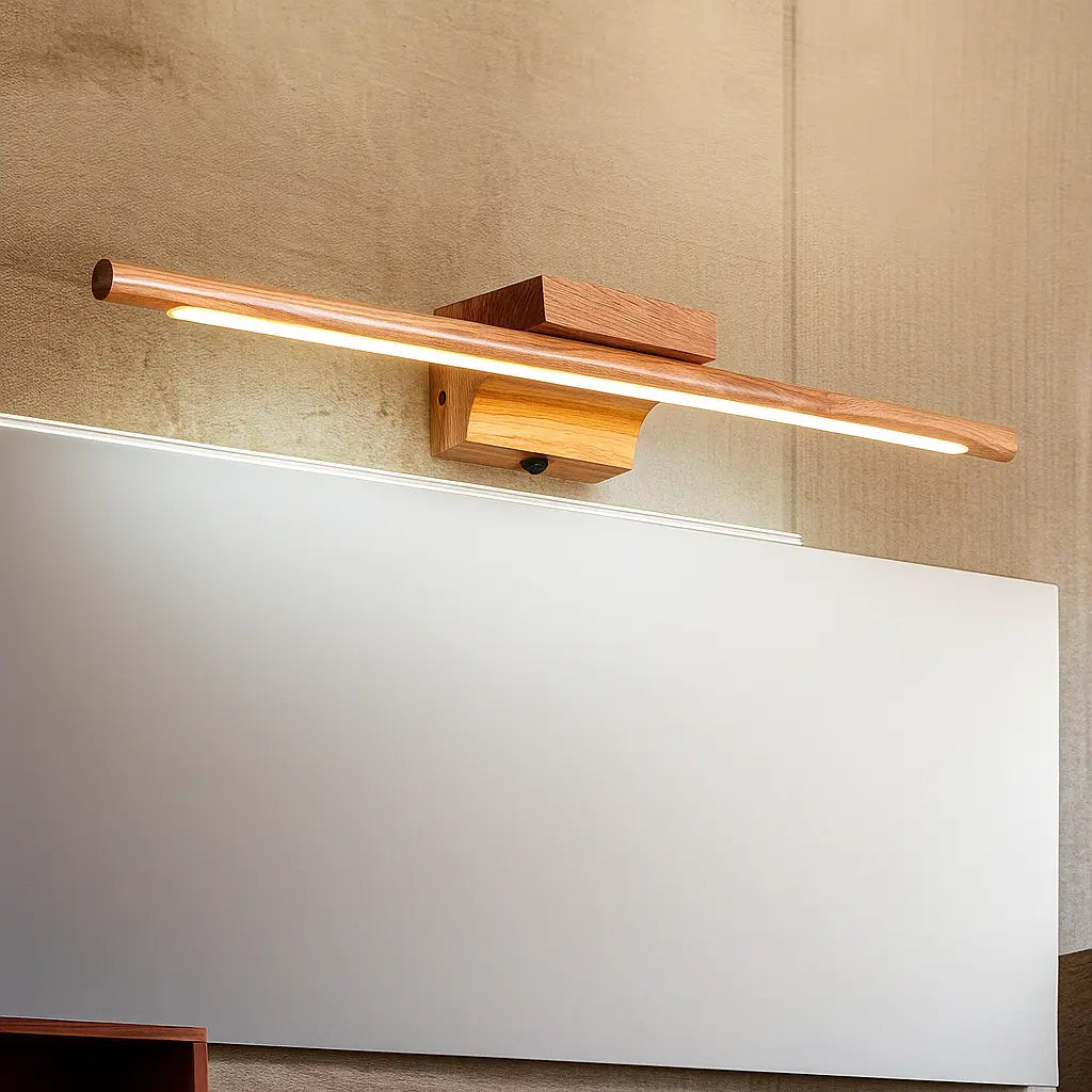 Applique murale LED en bois, design moderne, lumière chaude, orientée vers le bas.