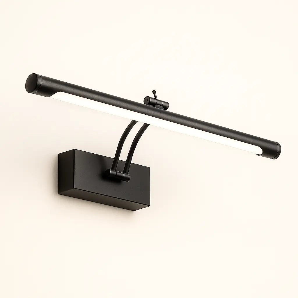 Applique murale LED noire en aluminium, barre horizontale, supports courbés, base rectangulaire.