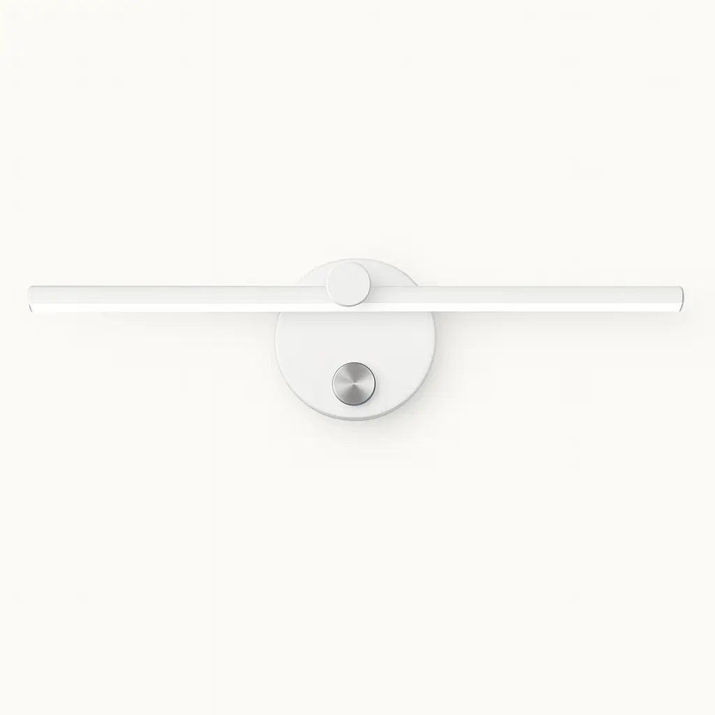 Luminaire mural moderne LED noir, barre horizontale minimaliste sur base ronde, fond blanc.
