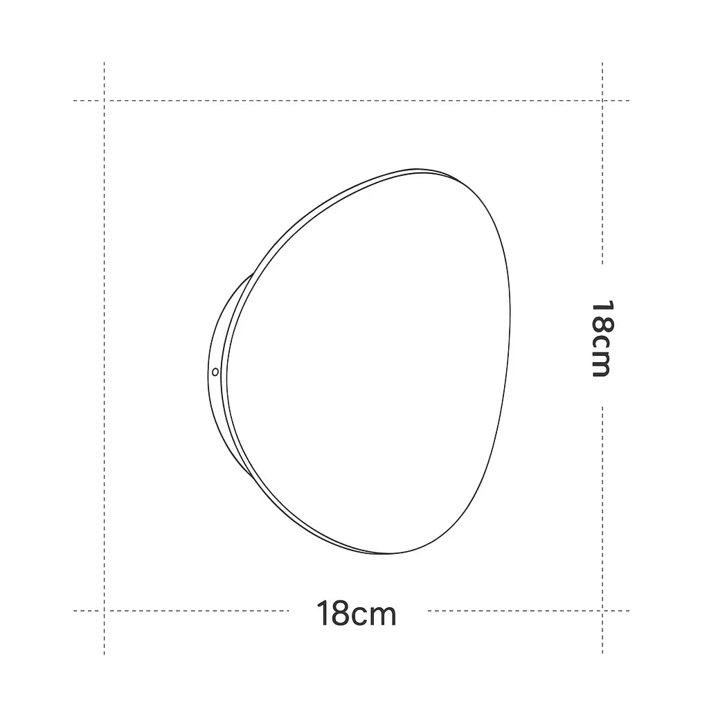 Dessin au trait d'une applique LED moderne ronde et dorée, dimensions étiquetées 18x18 cm.
