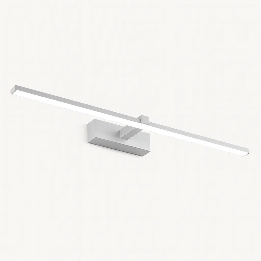 Applique murale LED blanche design, forme rectangulaire fine, base minimaliste en aluminium.
