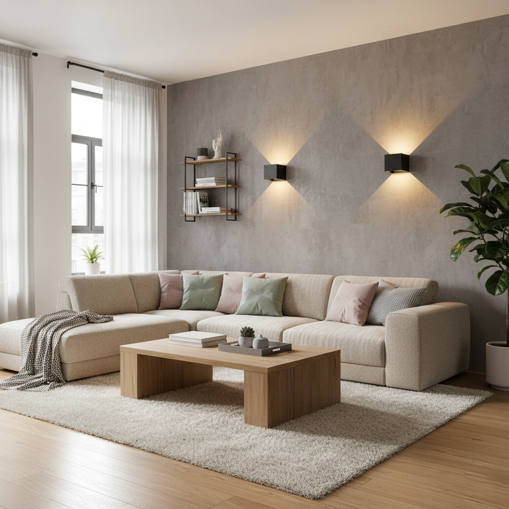 Deux appliques murales LED Cubique Noire en aluminium éclairent élégamment le salon moderne.