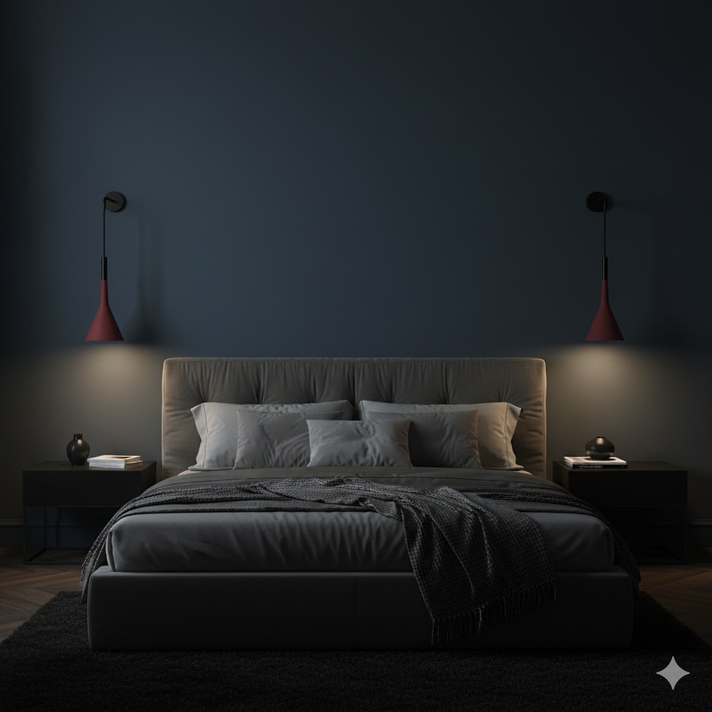 Luminaire mural design italien LED suspendu noir, abat-jours rouges ajoutant une touche chaleureuse.