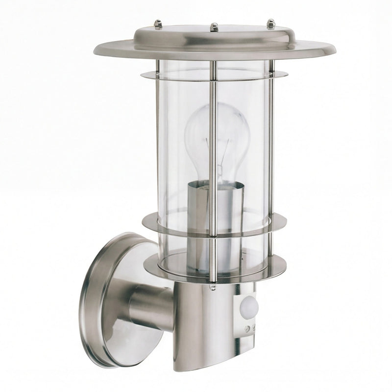 Luminaire mural extérieur moderne, acier inoxydable, détecteur de mouvement, éclairage stylé et pratique.